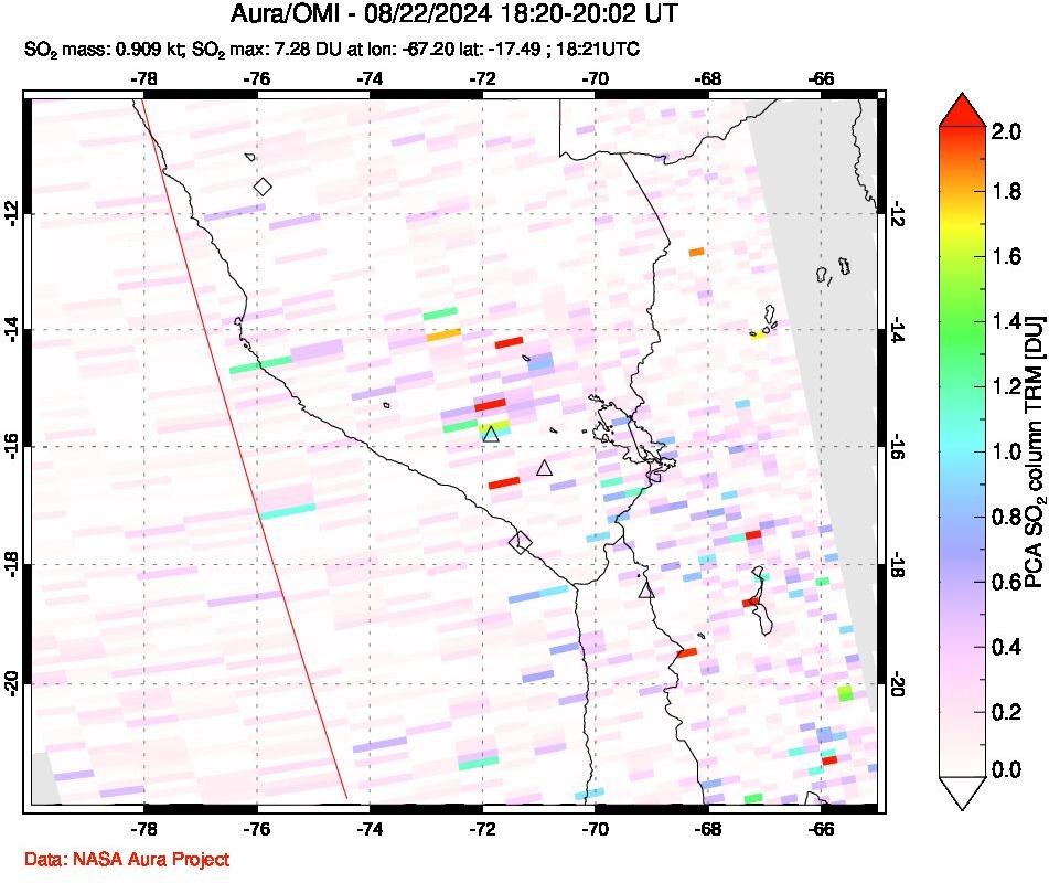 A sulfur dioxide image over Peru on Aug 22, 2024.