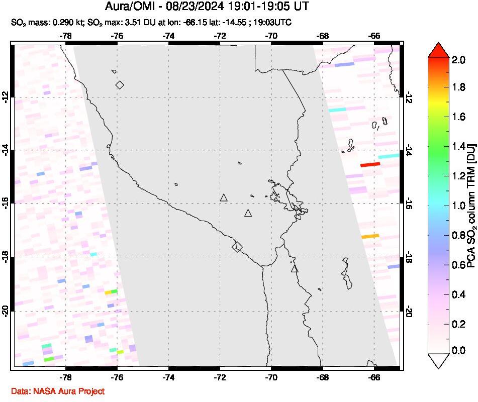 A sulfur dioxide image over Peru on Aug 23, 2024.