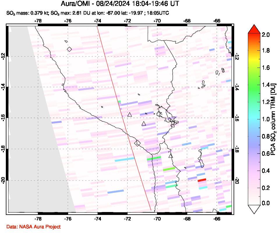 A sulfur dioxide image over Peru on Aug 24, 2024.