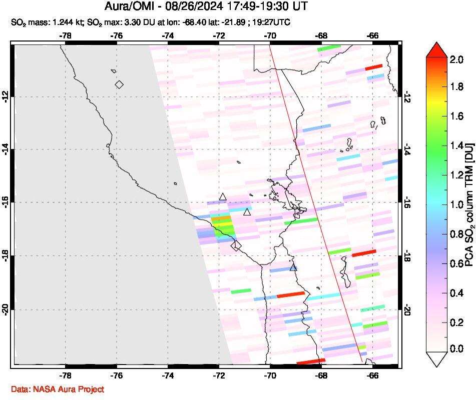 A sulfur dioxide image over Peru on Aug 26, 2024.