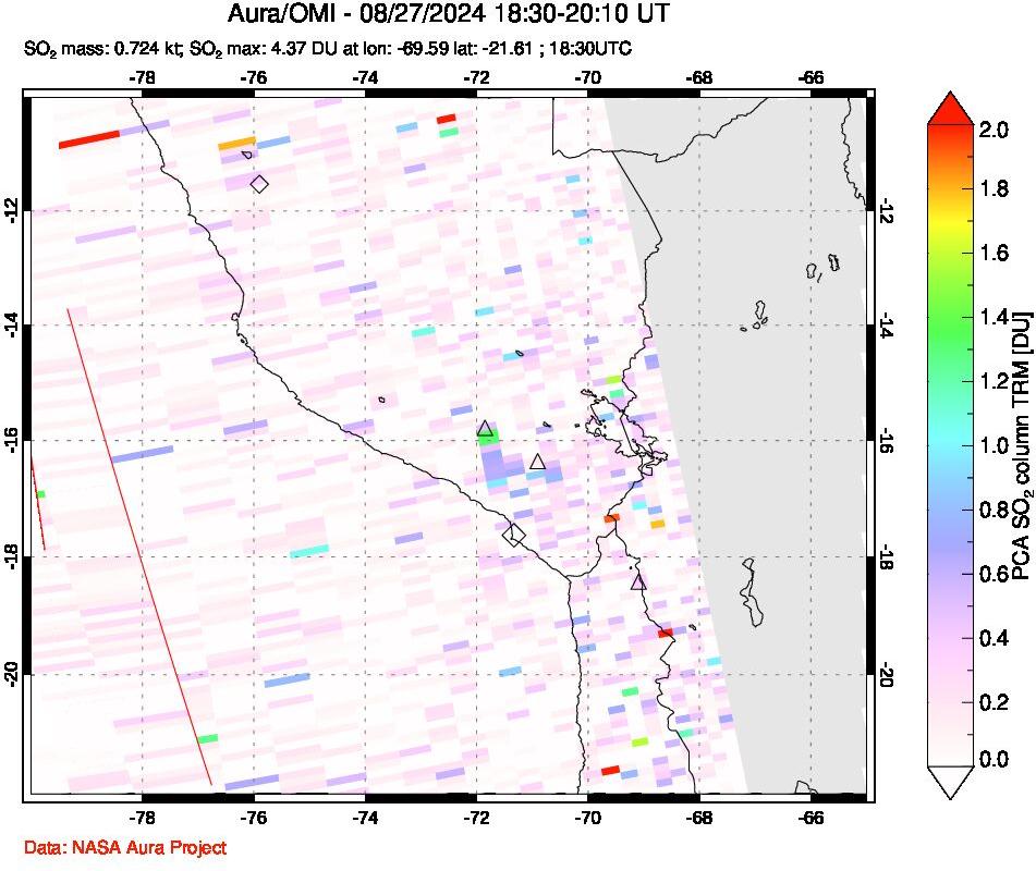 A sulfur dioxide image over Peru on Aug 27, 2024.