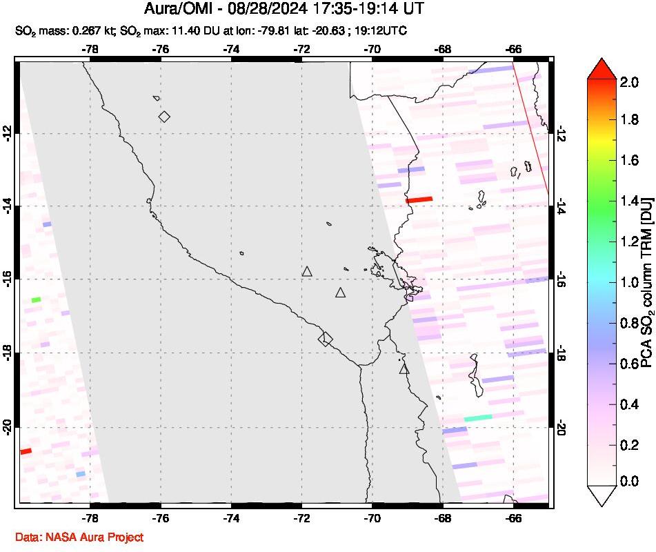 A sulfur dioxide image over Peru on Aug 28, 2024.