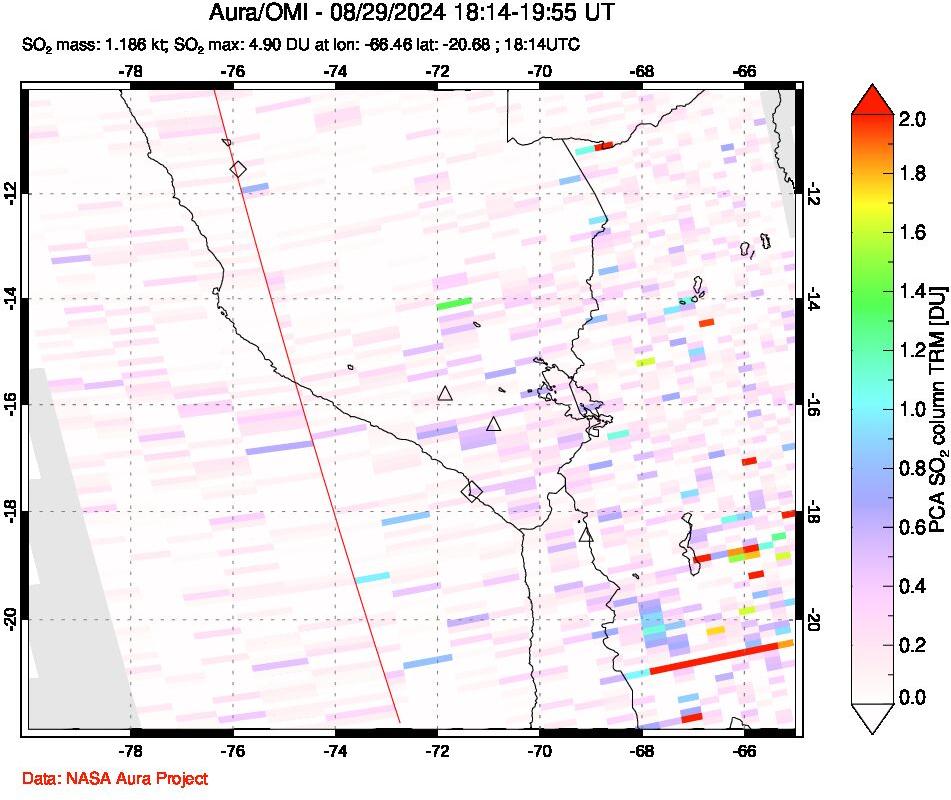 A sulfur dioxide image over Peru on Aug 29, 2024.