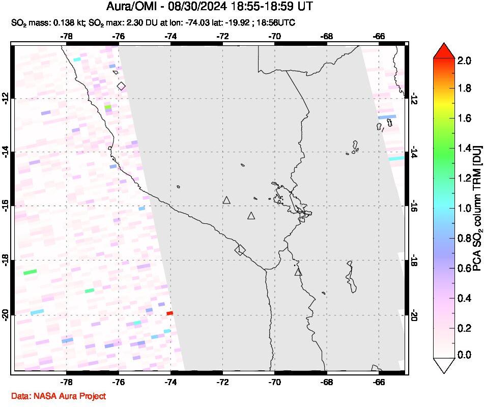 A sulfur dioxide image over Peru on Aug 30, 2024.