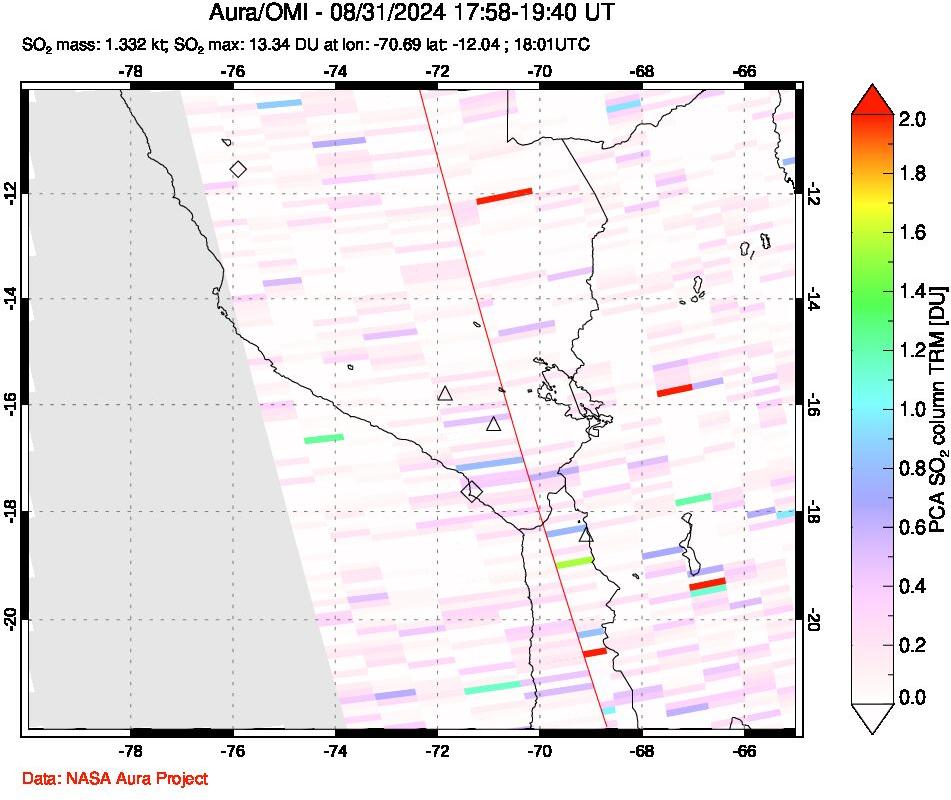 A sulfur dioxide image over Peru on Aug 31, 2024.