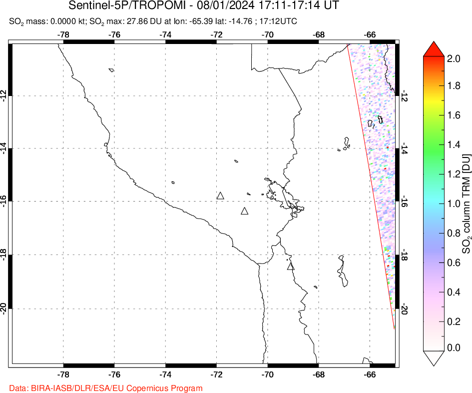 A sulfur dioxide image over Peru on Aug 01, 2024.