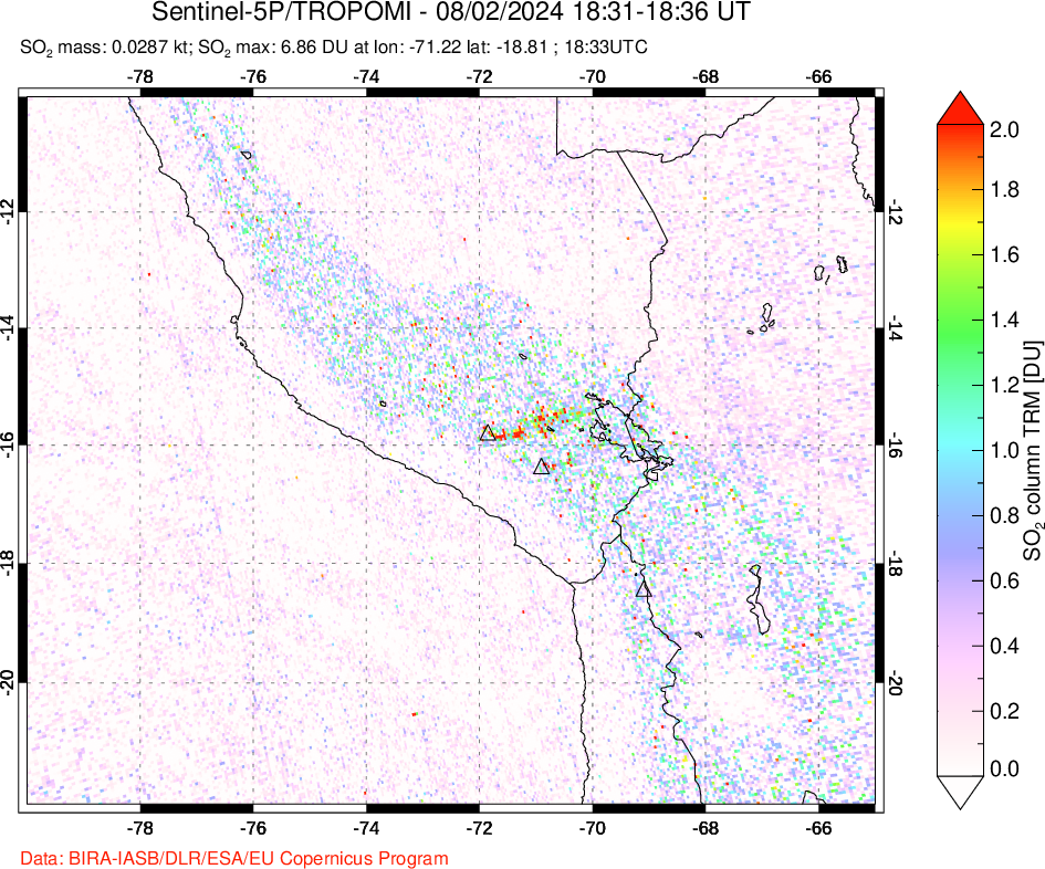 A sulfur dioxide image over Peru on Aug 02, 2024.