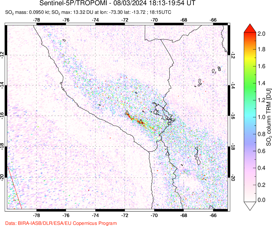 A sulfur dioxide image over Peru on Aug 03, 2024.