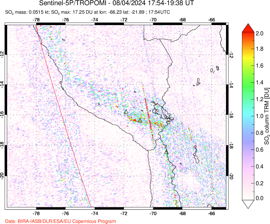 A sulfur dioxide image over Peru on Aug 04, 2024.