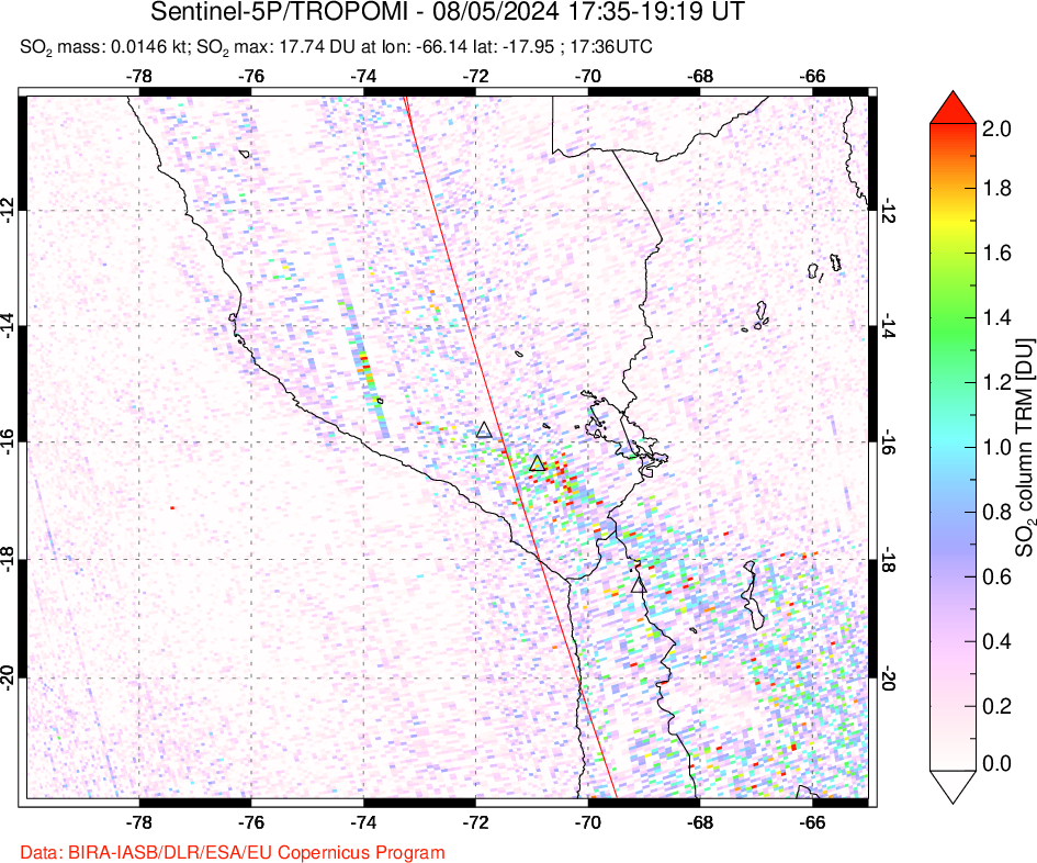 A sulfur dioxide image over Peru on Aug 05, 2024.