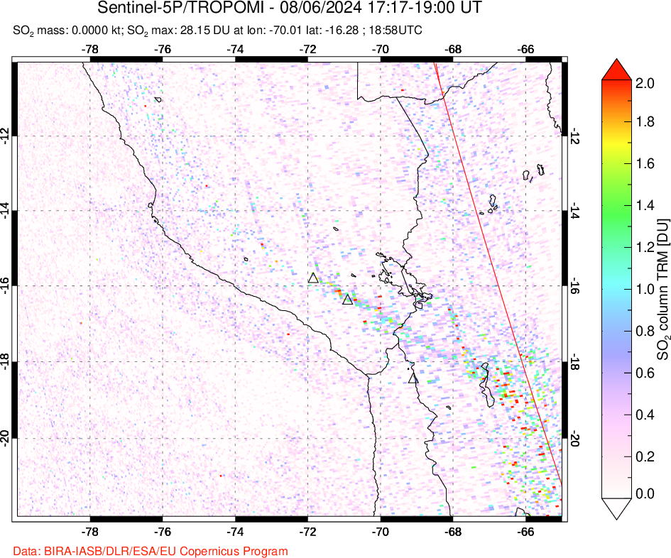 A sulfur dioxide image over Peru on Aug 06, 2024.