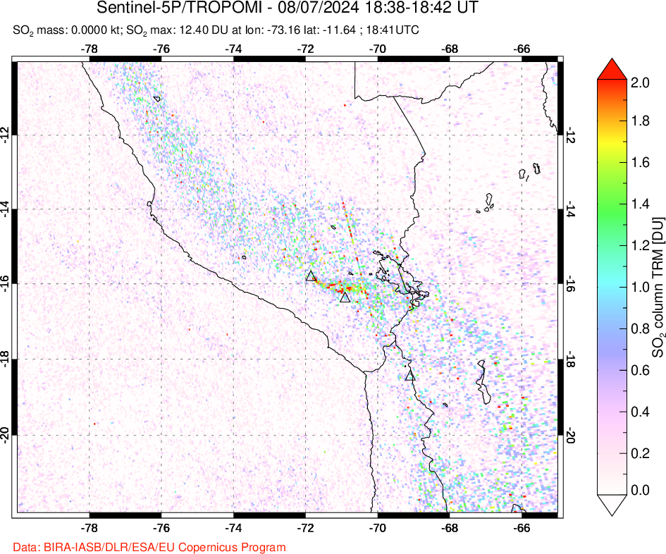 A sulfur dioxide image over Peru on Aug 07, 2024.