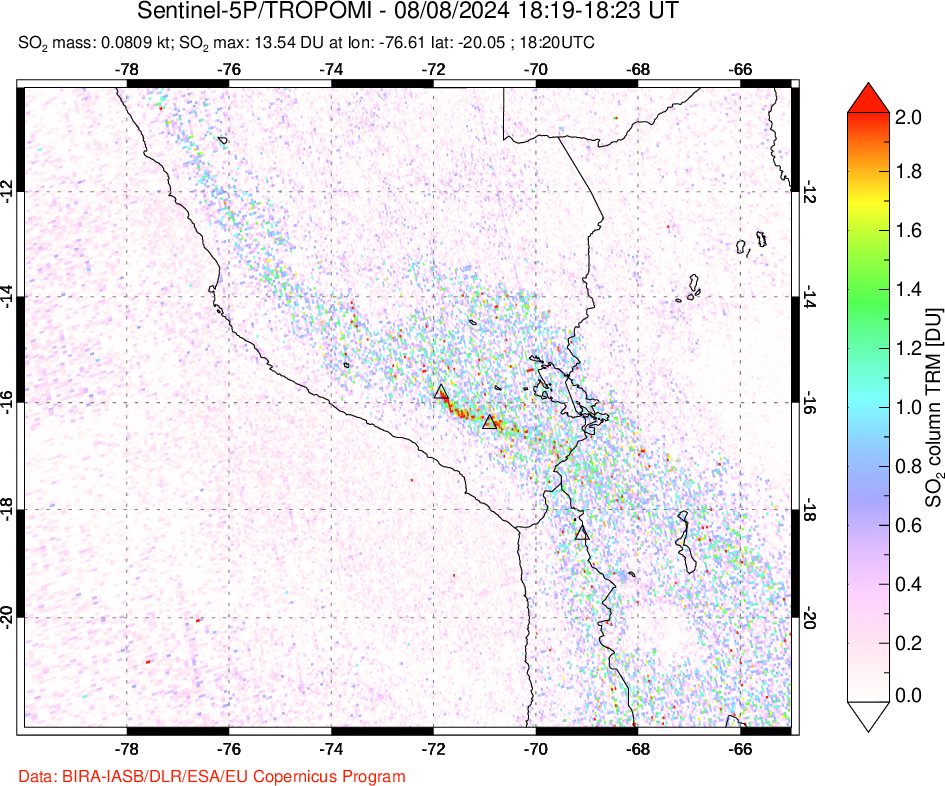 A sulfur dioxide image over Peru on Aug 08, 2024.