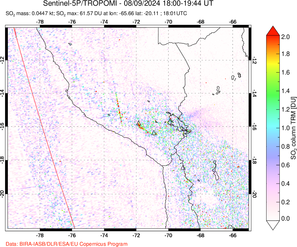 A sulfur dioxide image over Peru on Aug 09, 2024.