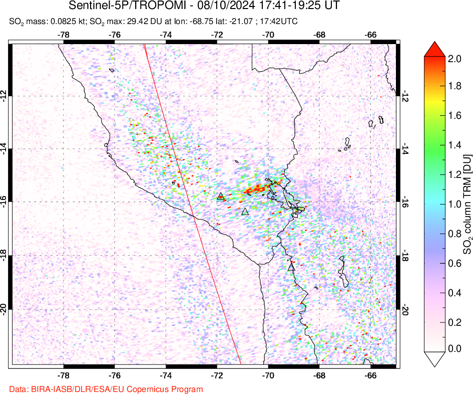 A sulfur dioxide image over Peru on Aug 10, 2024.