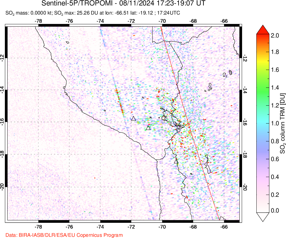 A sulfur dioxide image over Peru on Aug 11, 2024.