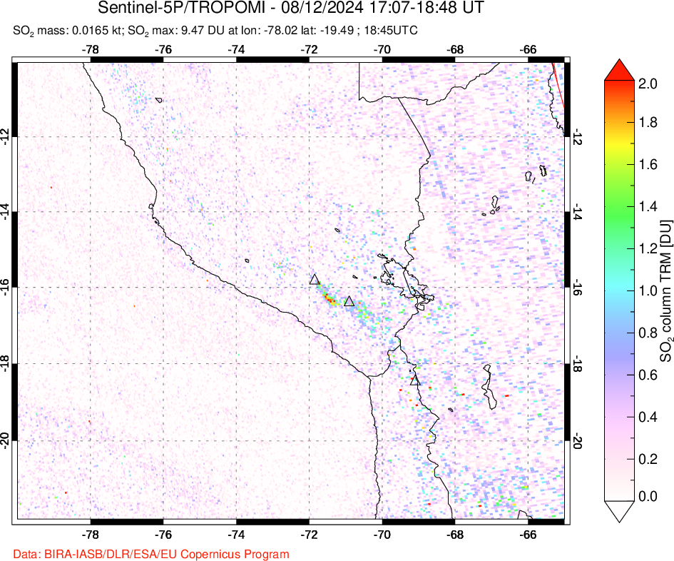 A sulfur dioxide image over Peru on Aug 12, 2024.