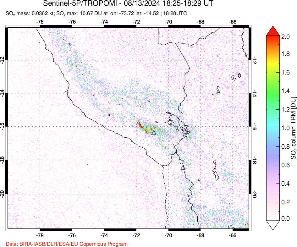 A sulfur dioxide image over Peru on Aug 13, 2024.