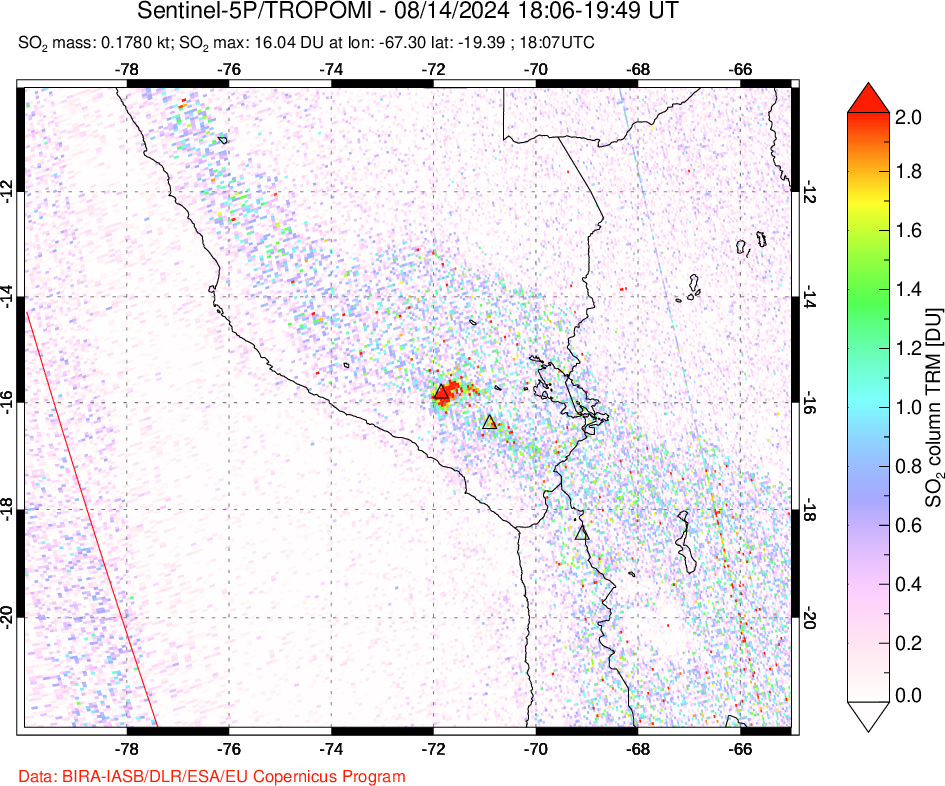 A sulfur dioxide image over Peru on Aug 14, 2024.