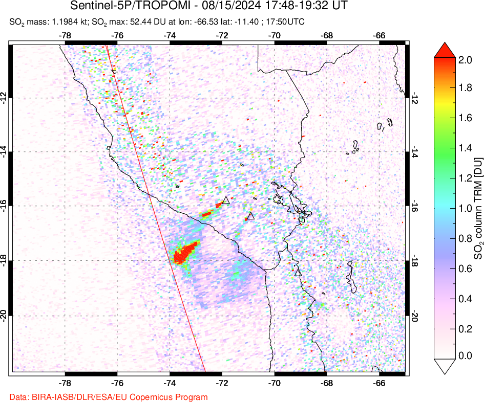 A sulfur dioxide image over Peru on Aug 15, 2024.