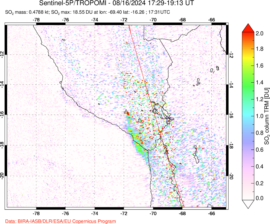 A sulfur dioxide image over Peru on Aug 16, 2024.