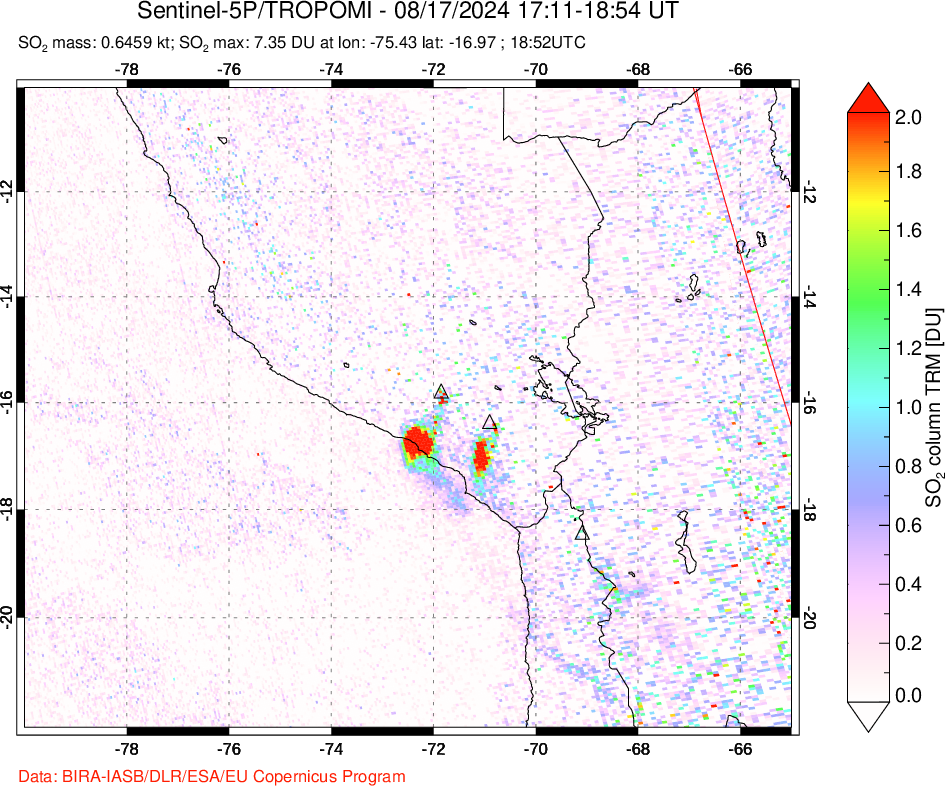 A sulfur dioxide image over Peru on Aug 17, 2024.