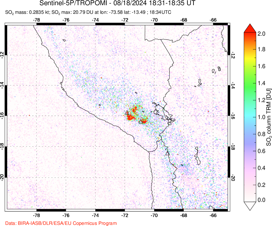 A sulfur dioxide image over Peru on Aug 18, 2024.