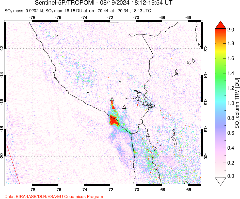 A sulfur dioxide image over Peru on Aug 19, 2024.