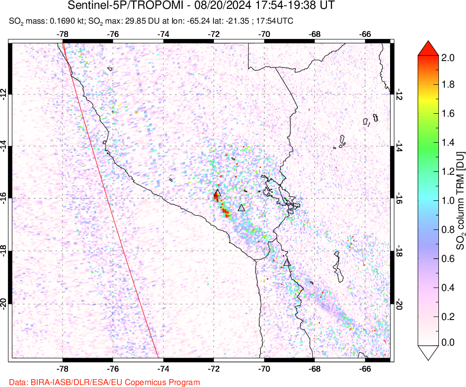 A sulfur dioxide image over Peru on Aug 20, 2024.