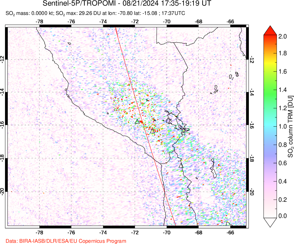 A sulfur dioxide image over Peru on Aug 21, 2024.