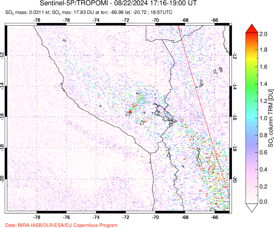 A sulfur dioxide image over Peru on Aug 22, 2024.