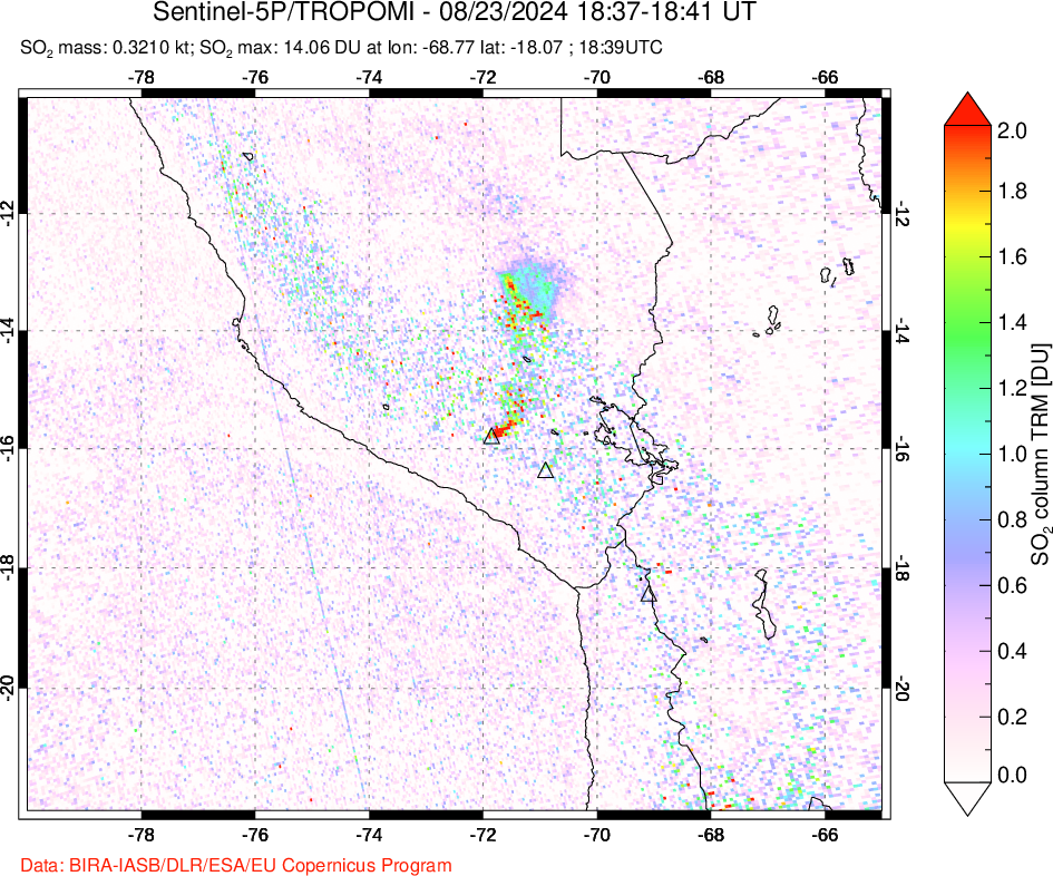 A sulfur dioxide image over Peru on Aug 23, 2024.