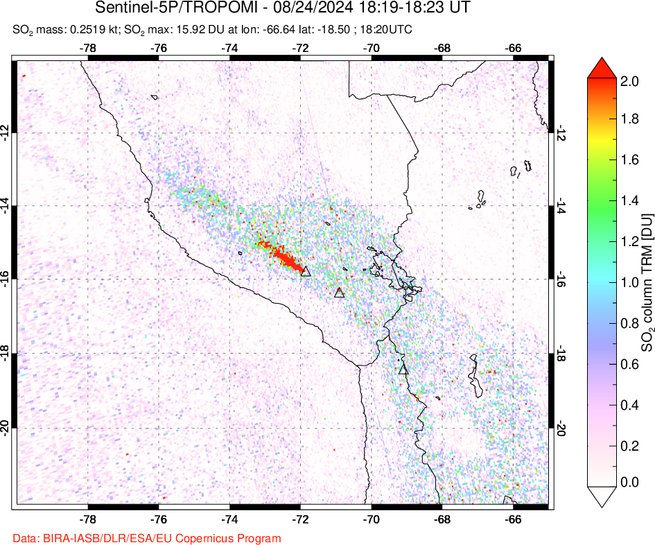 A sulfur dioxide image over Peru on Aug 24, 2024.