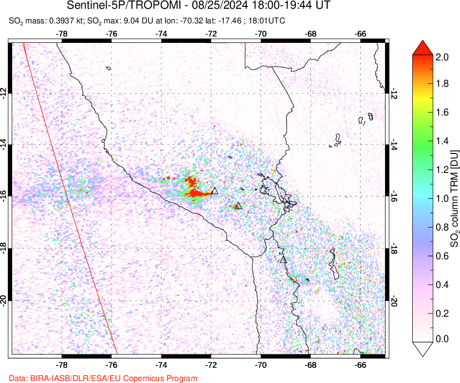 A sulfur dioxide image over Peru on Aug 25, 2024.