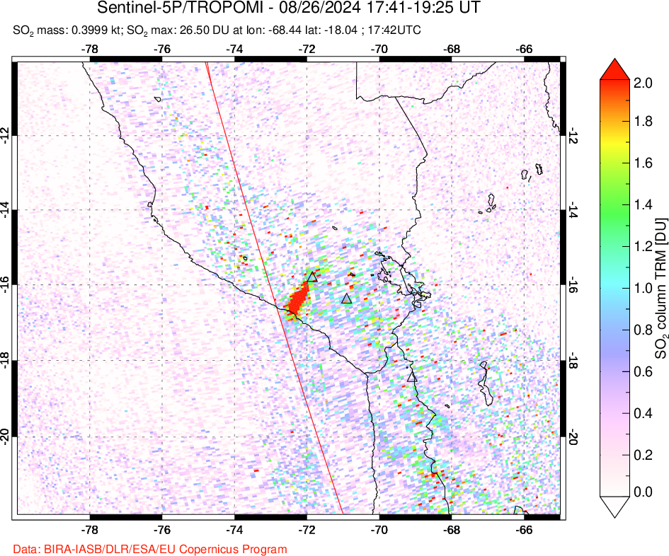 A sulfur dioxide image over Peru on Aug 26, 2024.