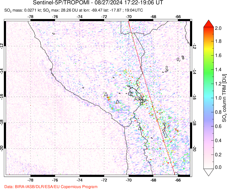 A sulfur dioxide image over Peru on Aug 27, 2024.