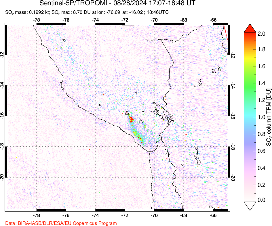 A sulfur dioxide image over Peru on Aug 28, 2024.