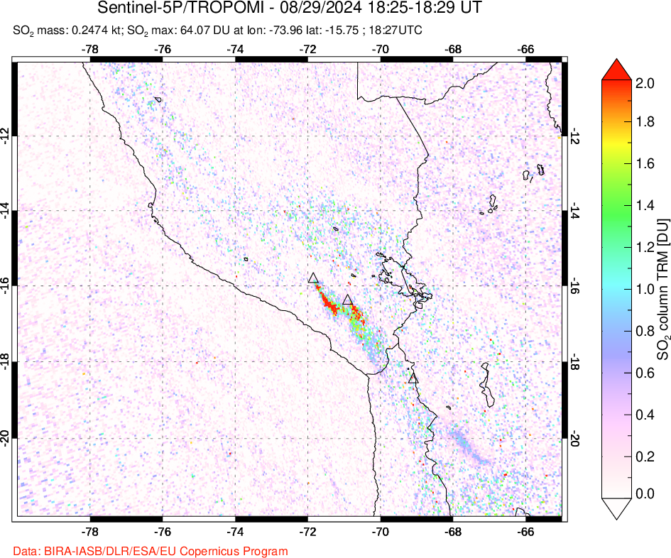 A sulfur dioxide image over Peru on Aug 29, 2024.