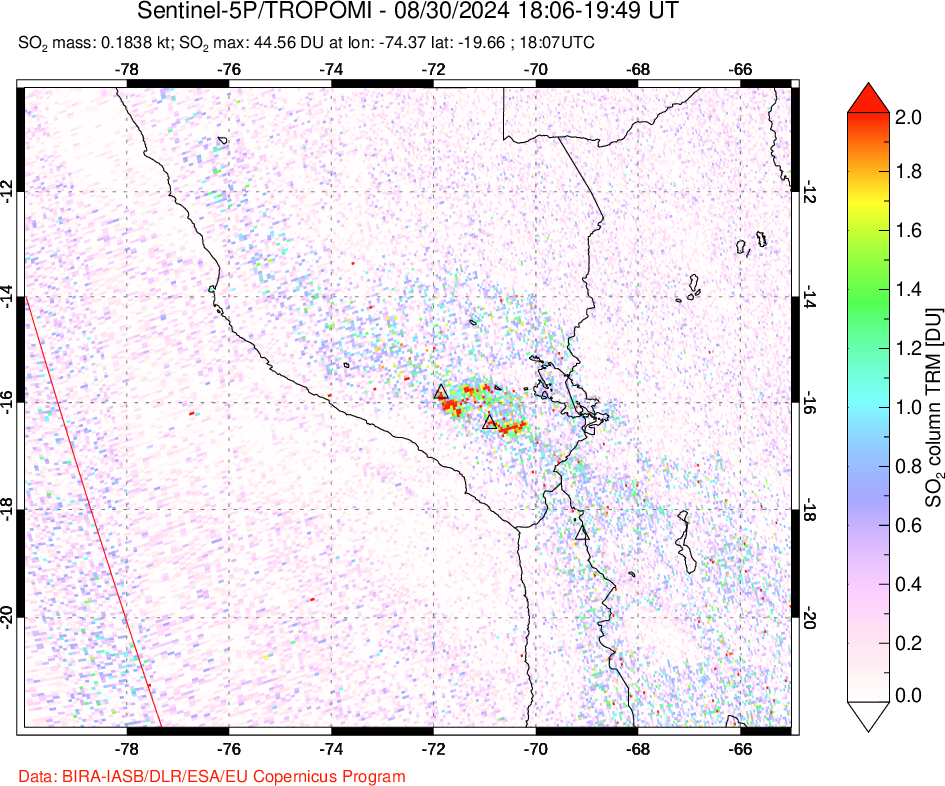 A sulfur dioxide image over Peru on Aug 30, 2024.