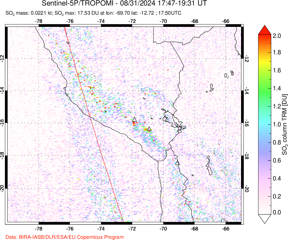 A sulfur dioxide image over Peru on Aug 31, 2024.