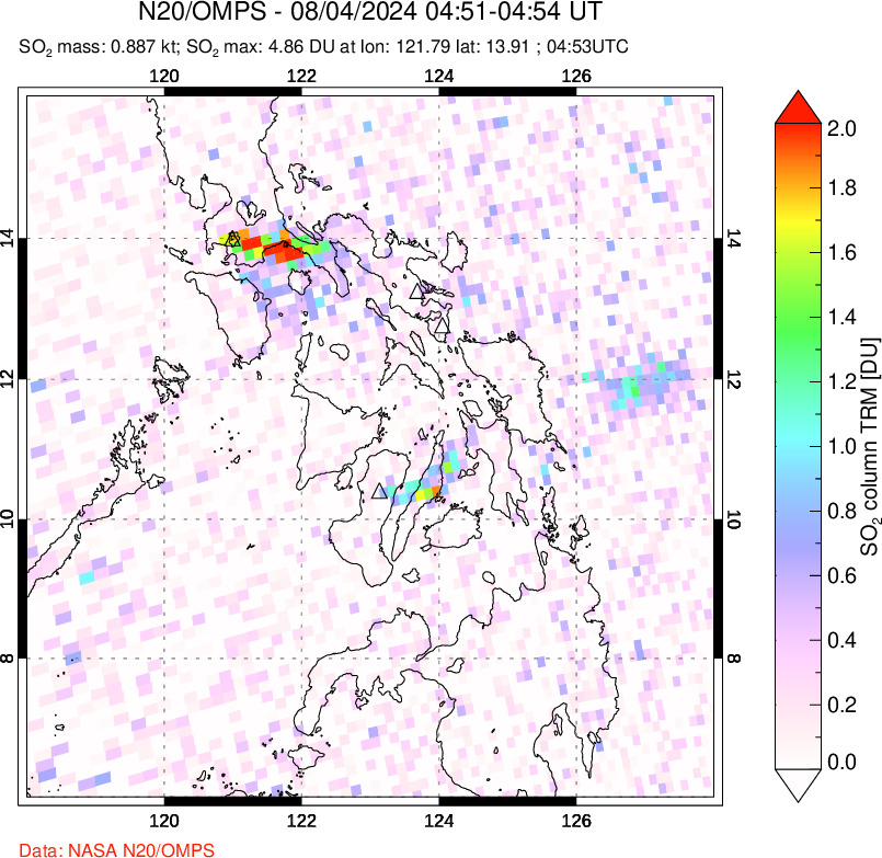 A sulfur dioxide image over Philippines on Aug 04, 2024.