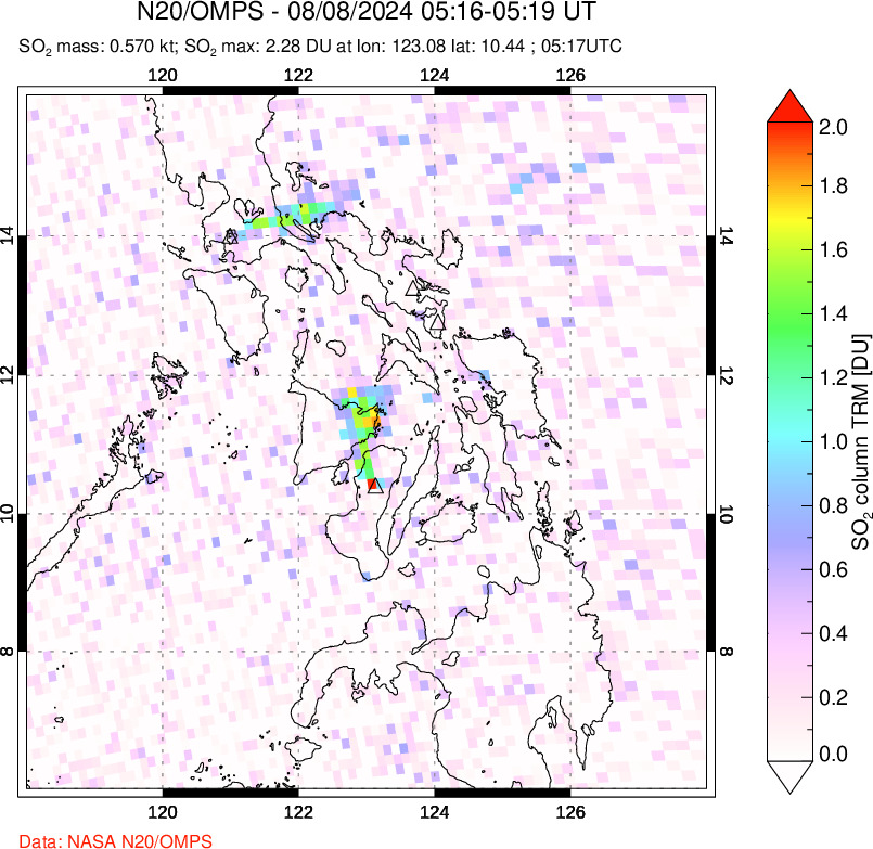 A sulfur dioxide image over Philippines on Aug 08, 2024.