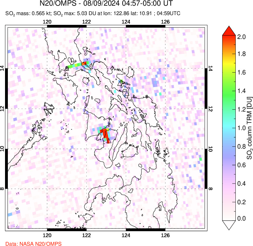 A sulfur dioxide image over Philippines on Aug 09, 2024.