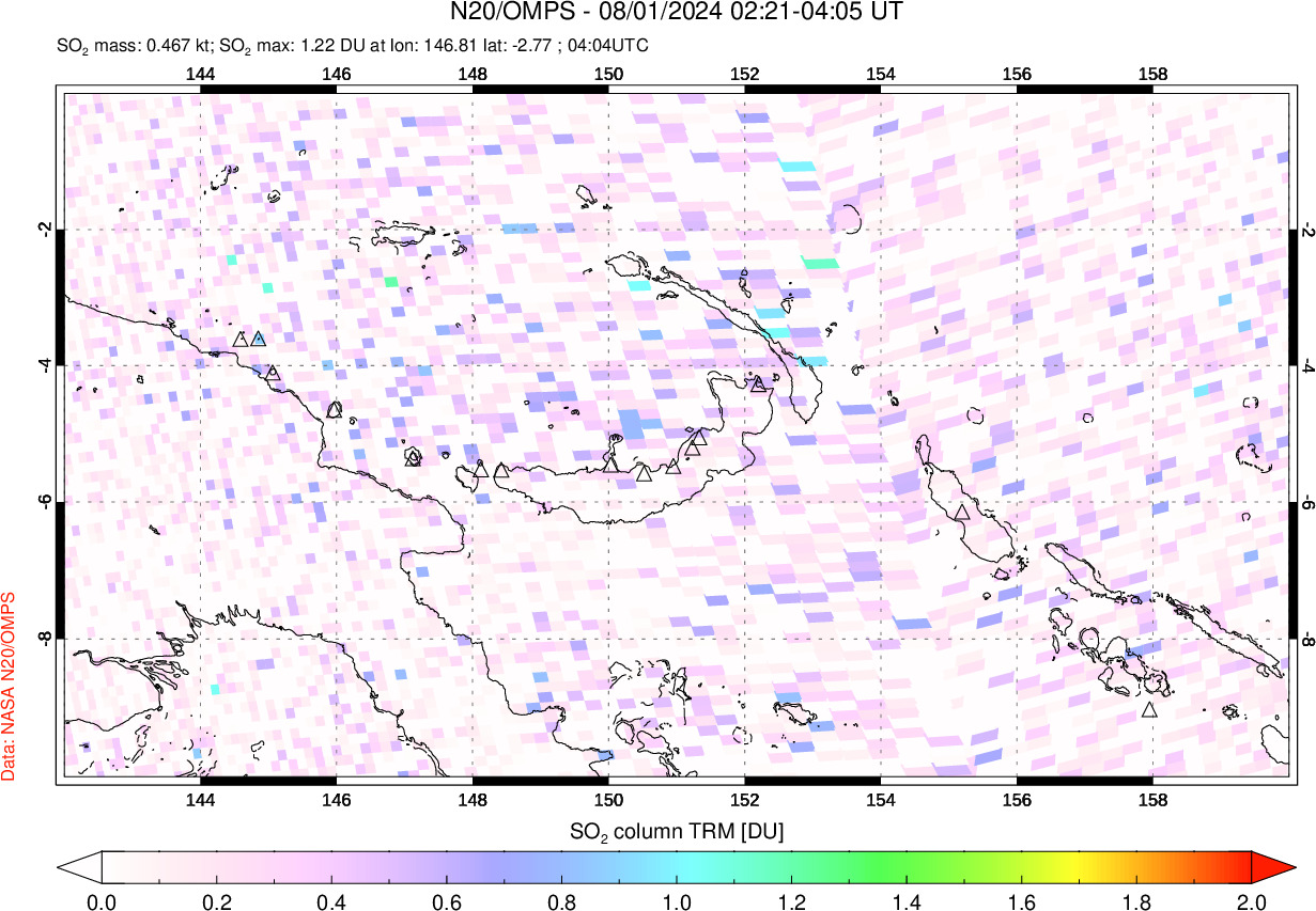 A sulfur dioxide image over Papua, New Guinea on Aug 01, 2024.