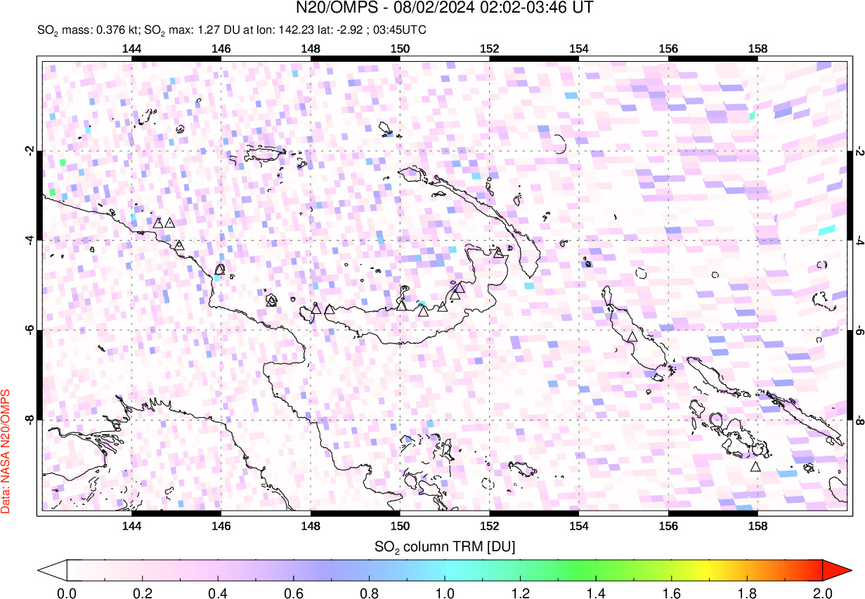 A sulfur dioxide image over Papua, New Guinea on Aug 02, 2024.