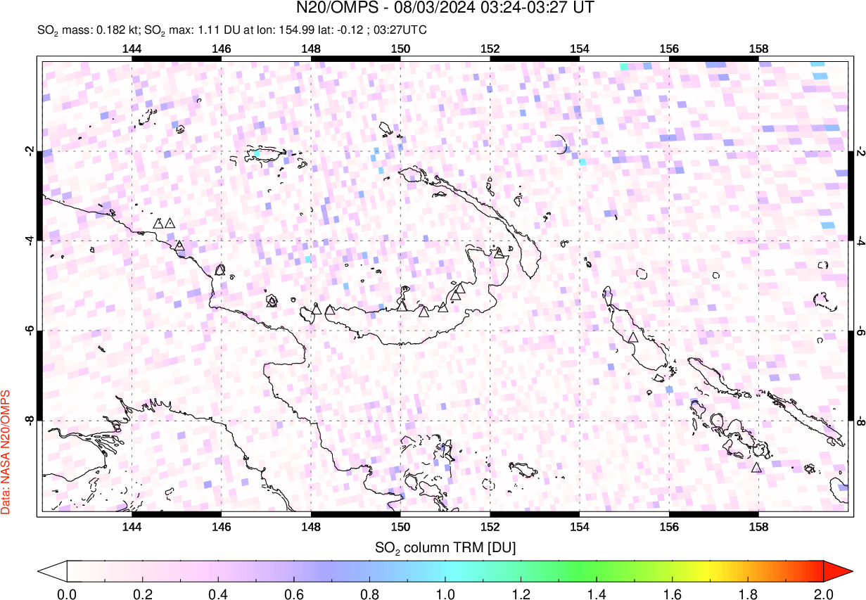 A sulfur dioxide image over Papua, New Guinea on Aug 03, 2024.