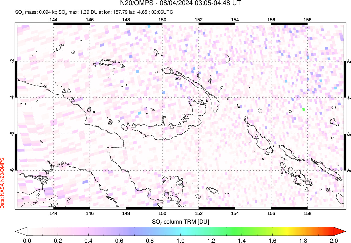 A sulfur dioxide image over Papua, New Guinea on Aug 04, 2024.