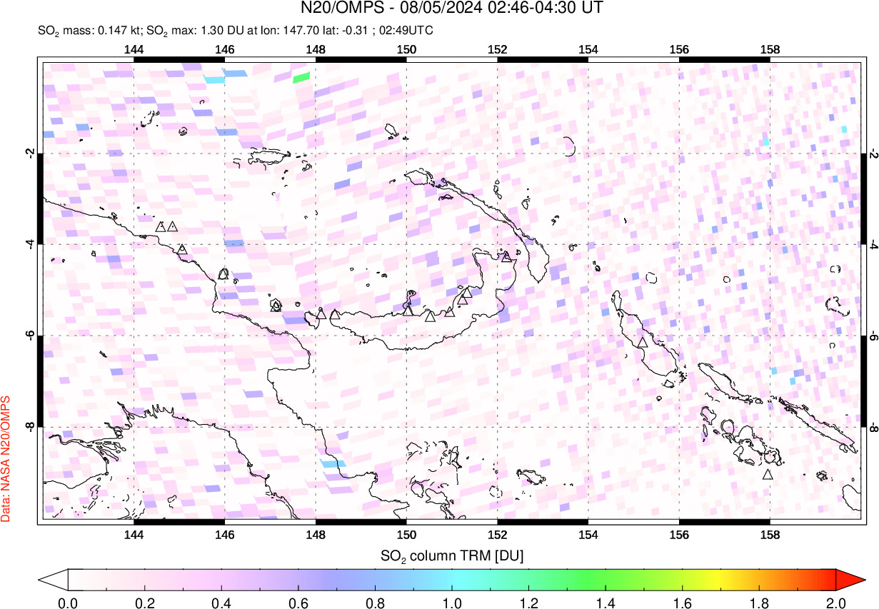 A sulfur dioxide image over Papua, New Guinea on Aug 05, 2024.