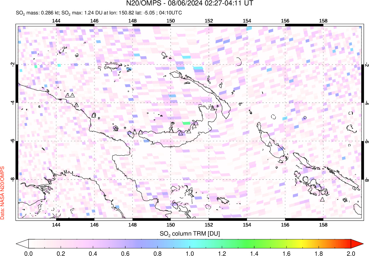 A sulfur dioxide image over Papua, New Guinea on Aug 06, 2024.