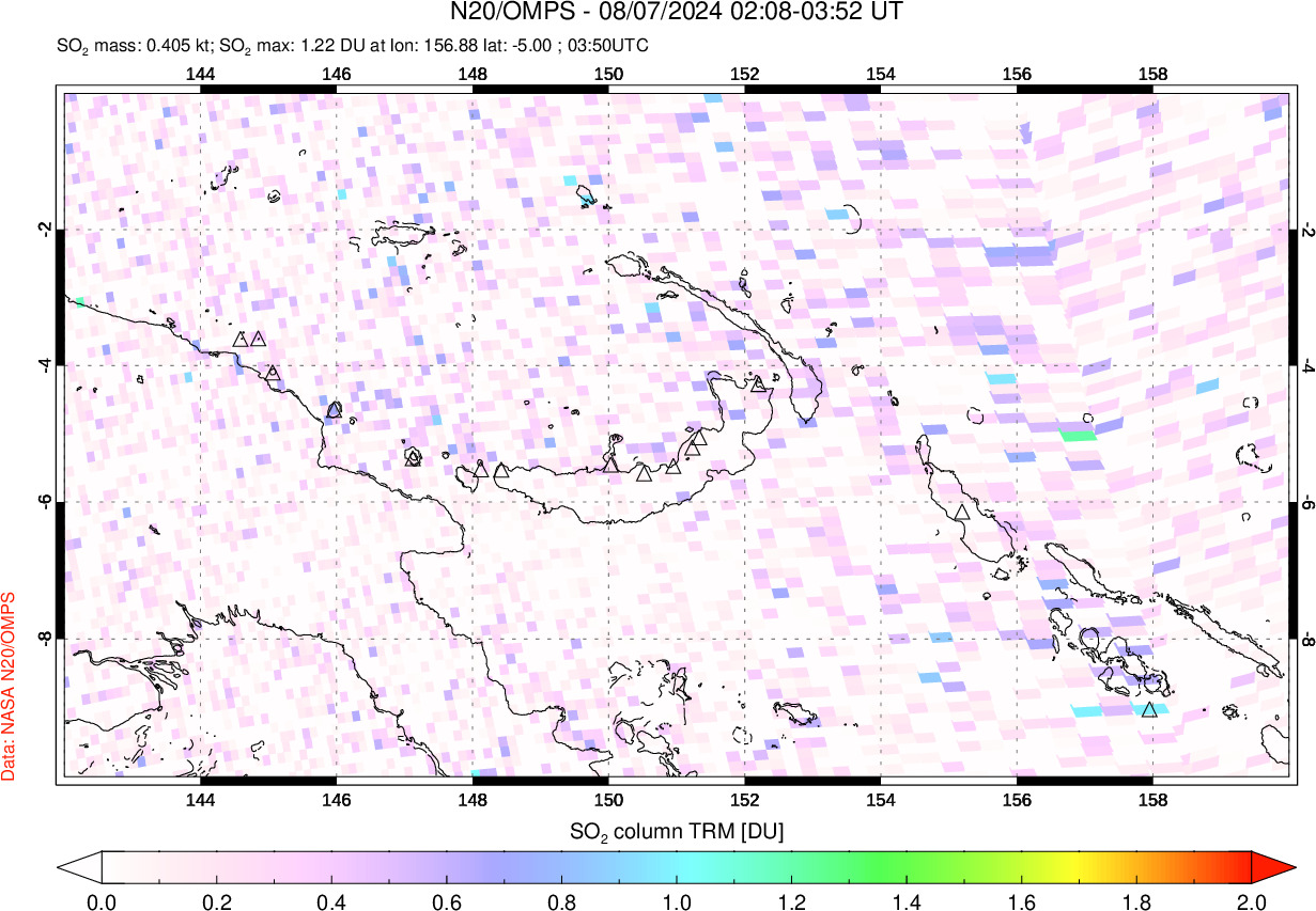 A sulfur dioxide image over Papua, New Guinea on Aug 07, 2024.